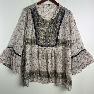 Style & Co Peasant Top Womens Size 3X Floral Lace Trim Bell Sleeve Semi Sheer